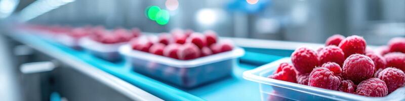 Dynamic view of berries being frozen and packaged in a bright factory setting with ample space for text display photo