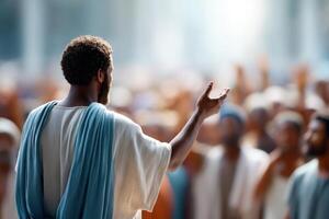 Paul shares empowering messages to a crowd in an open marketplace setting filled with vibrant colors photo