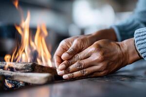 Mastering the cooking flame with skilled hands in a vibrant kitchen setting photo