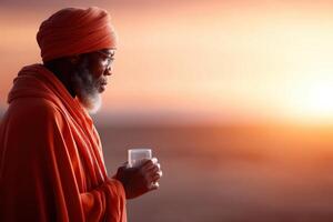 Symbolic reflection of devotion during sunset with a determined man in traditional robes photo