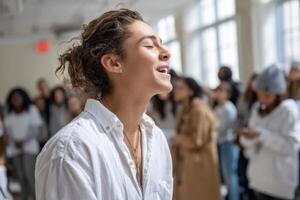 Latino teen passionately performing in a crowded artistic venue during a vibrant community event photo