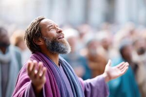 Prophet Isaiah passionately shares his predictions with a captivated crowd in an outdoor gathering photo