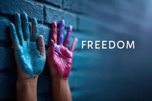 Bold hands express freedom through graffiti on brick wall showcasing vibrant colors and rebellious spirit photo