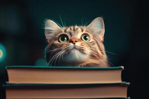 Curious cat disrupts family time by knocking down books from bookshelf photo