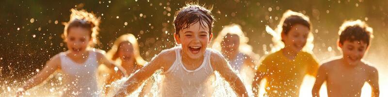 Joyful children dancing and splashing in the warm summer rain during an afternoon of fun photo