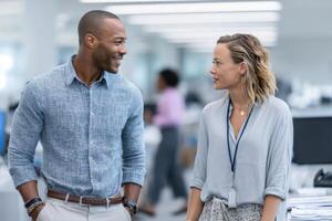 Professional dialogue empowering a Black teen with mentor in vibrant office space for career guidance photo