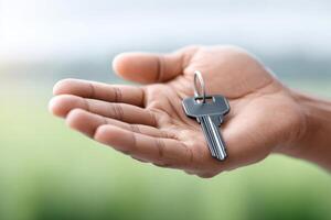 Smiling person offering a large black key over a vibrant green field in bright daylight photo
