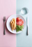 Weight changes highlighted through a split image of an unhealthy meal and a balanced plate of nutrition photo