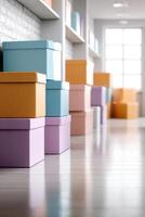 Colorful cardboard boxes stacked neatly in a lively garage with clear copy space for creative projects photo