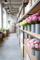 Colorful artificial flower arrangements displayed in a vibrant garage environment photo