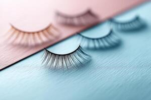 Sets of false eyelashes arranged on colorful backdrop for beauty showcase photo