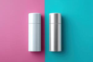 Colorful deodorant mockup featuring sleek containers positioned on vibrant backgrounds photo