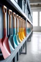 Neatly arranged shovels in a spacious garage with vibrant colors and organized shelving photo