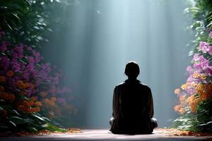 Meditation in a vibrant garden spotlighted by soft light and surrounded by colorful flowers photo
