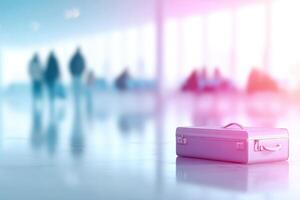 Bright and colorful image of a broken suitcase in a lively airport with travelers discussing plans photo