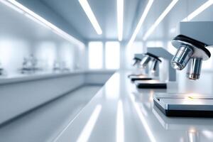 Bright laboratory space with various microscopes arranged for scientific exploration and study photo
