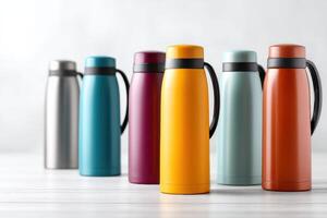 Colorful thermos designs with comfortable handles arranged on a clean surface for display photo