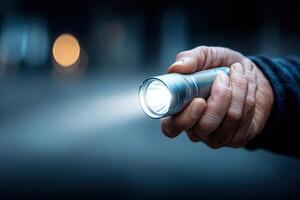 Bright flashlight shines in hands, illuminating a dark outdoor setting with twinkling lights above photo