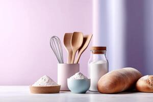 Vibrant baking set mockup with essential ingredients and tools on a pastel backdrop photo