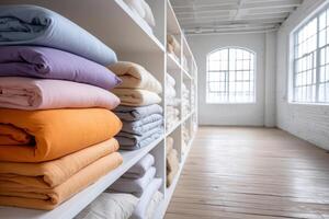 Bright and spacious room showcasing various neatly arranged bedding sets with ample copy space photo