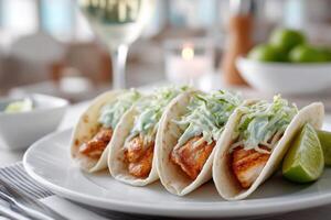 Delicious fish tacos garnished with cabbage slaw and lime wedges served in a casual dining setting photo