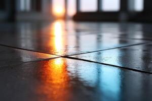 Vibrant sunlight reflections creating colorful patterns on a glossy surface during evening hours photo