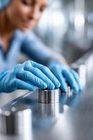 Meticulous inspection of security devices by a female inspector in gloves at a facility photo