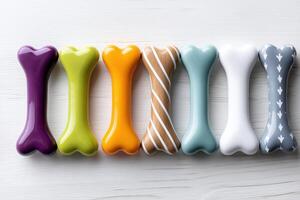 Bright and colorful chew toys for dogs arranged on a clean white surface for playful moments photo