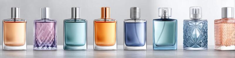 Colorful mockup of decorative perfume bottles with an empty area for advertising space photo