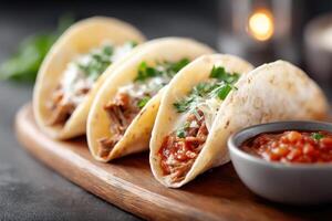 Delicious beef tacos with cheese and salsa arranged on a rustic wooden platter for a festive meal photo
