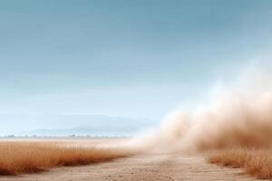 Dynamic movement of a sandstorm contrasting with a bright, open landscape photo