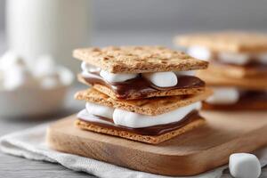 Delicious smores dessert with toasted marshmallows and rich chocolate between graham crackers photo