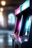 Colorful arcade machines create a lively atmosphere for friends enjoying a game night together photo
