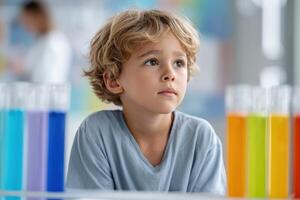 Young boy feels anxious waiting at a pediatric clinic surrounded by colorful decorations and activities photo