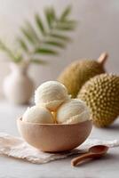 Delicious durian ice cream served in a coconut shell with simple background design photo