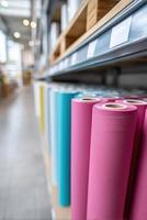 Cheerful garage with organized wrapping paper rolls on display, perfect for festive projects photo