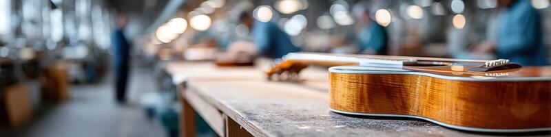 Crafting musical instruments in a vibrant factory setting with skilled artisans at work photo