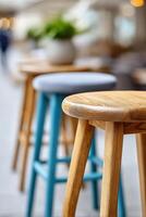 Vibrant close-up of artistic stools showcasing craftsmanship and design elements in a contemporary setting photo