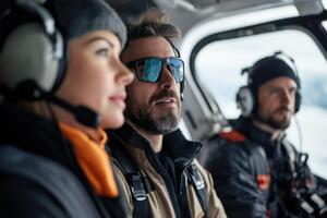 Diverse aerial navigators collaborate on route planning in a small aircraft photo