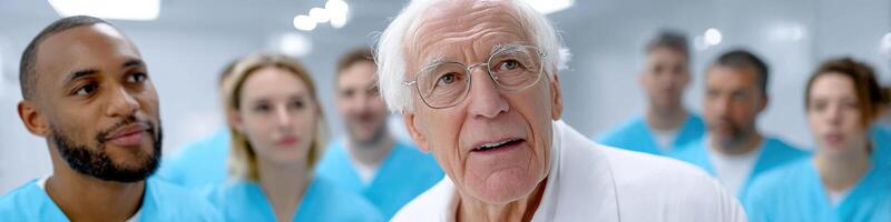 Elderly man instructs young electricians in a brightly lit classroom on electrical skills and safety photo