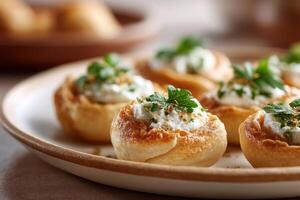 Savory sfeeha topped with creamy labneh on an elegant platter served at a gourmet dining event photo