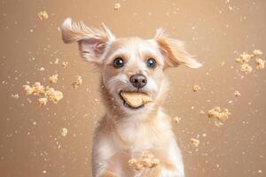 Dog happily enjoying its favorite treat with crumbs flying in the air during a cozy snack time photo