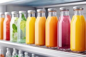 Vibrant display of assorted beverages in clear bottles during a lively production setup photo