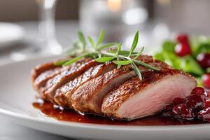Duck breast with cherry sauce and herbs served elegantly for a gourmet dining experience photo