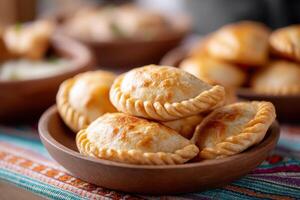 Delicious baked vegetable empanadas served on a colorful tablecloth showcasing vibrant culinary culture photo