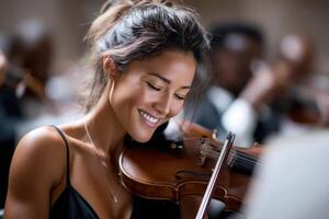 Talented concertmaster skillfully accompanying musicians at a live performance in an elegant venue photo