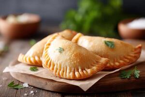 Delicious golden empanadas filled with meat and vegetables on rustic wooden table photo