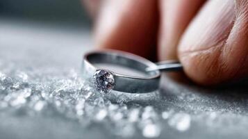 Elegant engagement ring being carefully inspected among sparkling gems photo