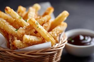 Golden fried yuca served in a basket with dipping sauce highlighting crunchy texture photo