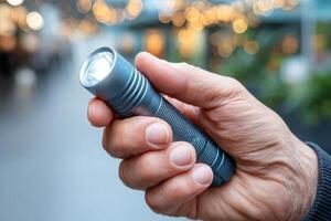 Bright flashlight held in hands illuminates dark outdoor space filled with twinkling lights photo